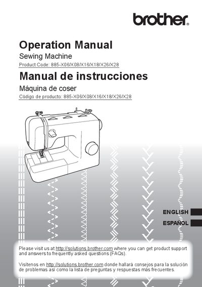 Brother 885-X06/X08/X16/X18/X26/X28 Sewing Machine Operation Manual - cover page