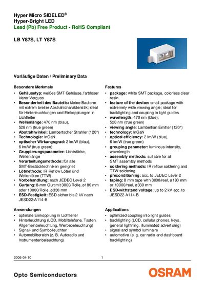 OSRAM LB Y87S / LT Y87S LED Handbook - cover page