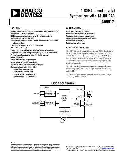 Analog Devices AD9912 Rev. F 1 GSPS Direct Digital Synthesizer Datasheet - cover page
