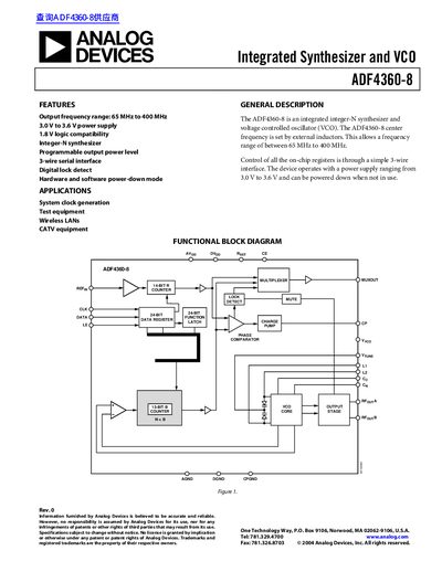 Analog Devices ADF4360-8 Integrated Synthesizer and VCO Datasheet - cover page