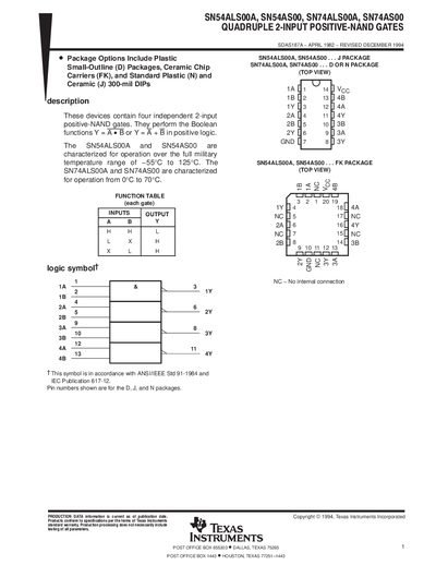 TEXAS INSTRUMENTS SN54ALS00A SN54AS00 SN74ALS00A SN74AS00 Manual - cover page