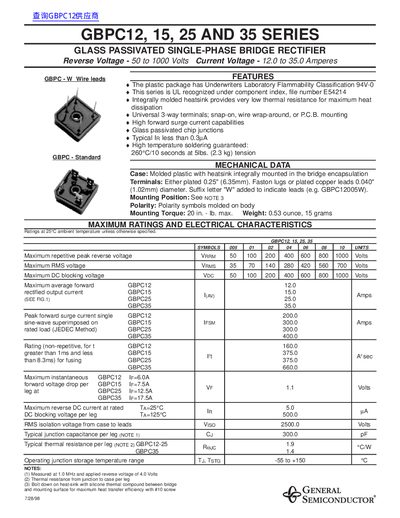 General Semiconductor GBPC12/15/25/35 Series Bridge Rectifier Handbook - cover page
