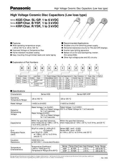 Panasonic KGE/Char. SL/GP 1 to 6 kVDC KBP/Char. B/Y5P 1 to 3 kVDC KRP/Char. R/Y5R 1 to 3 kVDC handbook - cover page
