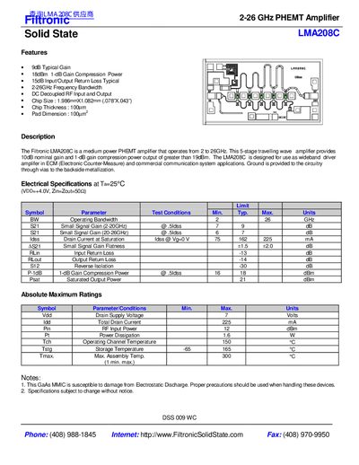 Filtronic LMA208C PHEMT Amplifier Datasheet - cover page