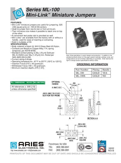 Aries ML-100 Mini-Link Miniature Jumpers Specifications Manual - cover page