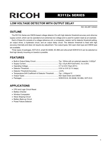 Ricoh R3112x Series Low Voltage Detector with Output Delay Datasheet - cover page
