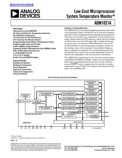 Analog Devices ADM1021A Microprocessor System Temperature Monitor Datasheet