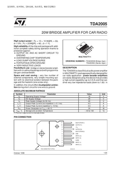 ST TDA2005 20W Bridge Amplifier for Car Radio Datasheet - cover page