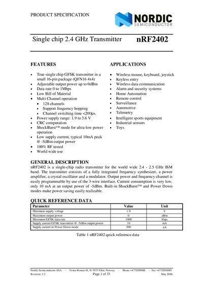 Nordic Semiconductor nRF2402 Datasheet - cover page