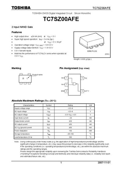 Toshiba TC7SZ00AFE Datasheet - cover page