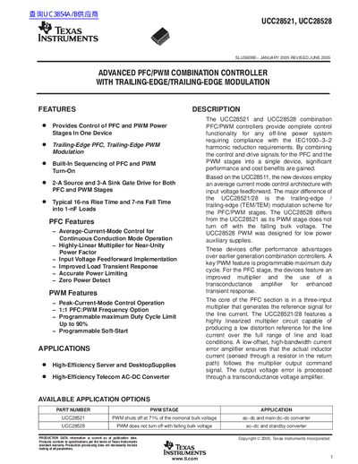 Texas Instruments UCC28521/UCC28528 Advanced PFC/PWM Combination Controller Datasheet - cover page