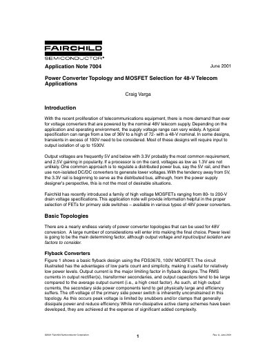 Fairchild Semiconductor AN7004 Power Converter Topology and MOSFET Selection for 48-V Telecom Applications - cover page