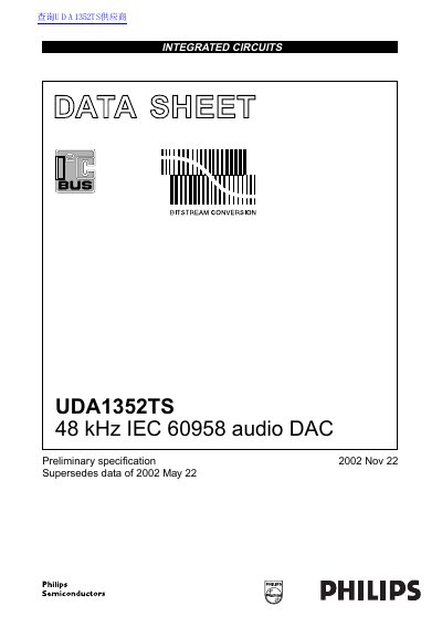 Philips UDA1352TS 48 kHz IEC 60958 Audio DAC Datasheet - cover page