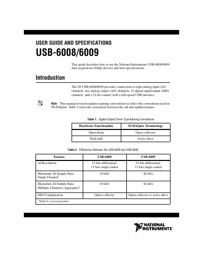 National Instruments USB-6008/6009 User Guide and Specifications - cover page