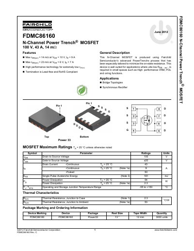 Fairchild FDMC86160 N-Channel MOSFET Datasheet - cover page