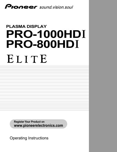 Pioneer PRO-1000HDI/PRO-800HDI Plasma Display Operating Instructions - cover page