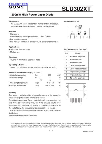 SONY SLD302XT 200mW High Power Laser Diode Manual - cover page