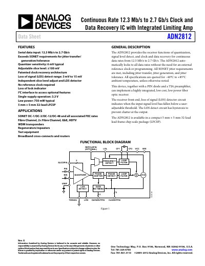 Analog Devices ADN2812 Clock and Data Recovery IC Datasheet - cover page