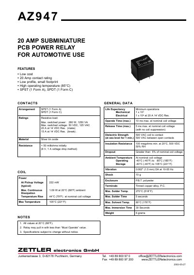 ZETTLER AZ947 20 AMP SUBMINIATURE PCB POWER RELAY FOR AUTOMOTIVE USE1 - cover page
