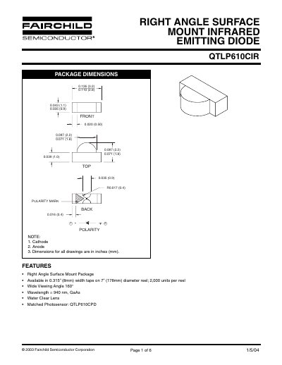 Fairchild QTLP610CIR Right Angle Surface Mount Infrared Emitting Diode Datasheet - cover page