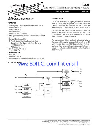 Intersil X9525 Datasheet - cover page
