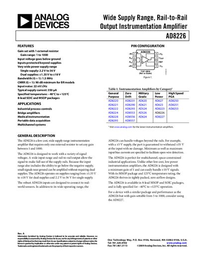 Analog Devices AD8226 Wide Supply Range Rail-to-Rail Output Instrumentation Amplifier Handbook - cover page