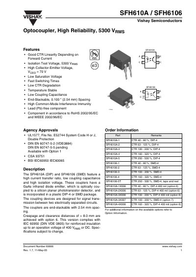 Vishay SFH610A / SFH6106 Optocoupler Datasheet - cover page