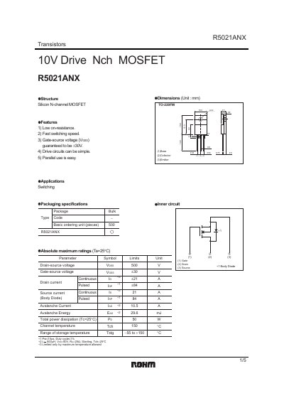 ROHM R5021ANX N-Channel MOSFET Datasheet - cover page