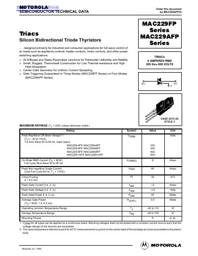 Motorola MAC229FP/MAC229AFP Series Triac Datasheet - cover page