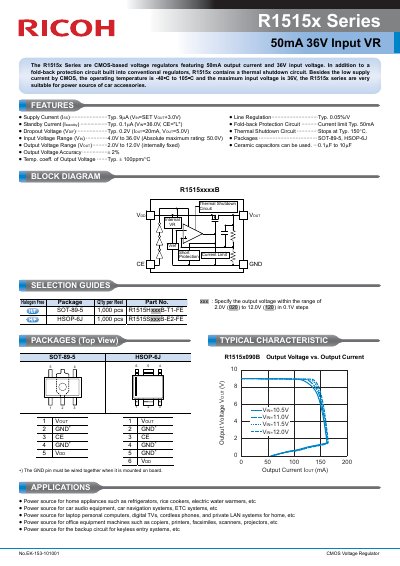 Ricoh R1515x Series CMOS Voltage Regulator Datasheet - cover page