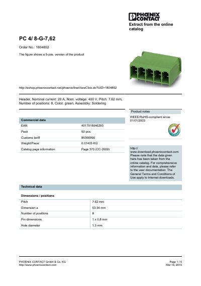 Phoenix Contact PC 4/8-G-7,62 Datasheet - cover page