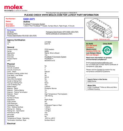 Molex 53261-0471 PicoBlade Connector System Product Specification - cover page