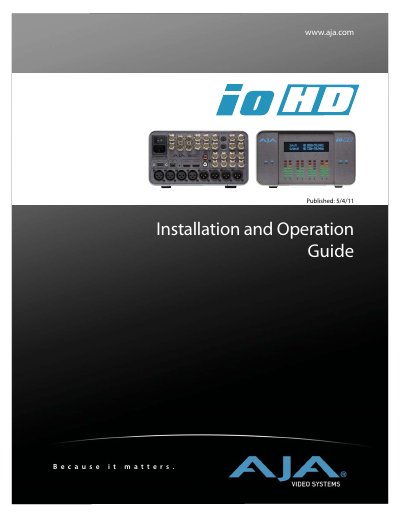 AJA Io HD Installation and Operation Guide - cover page