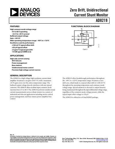 Analog Devices AD8219 Current Shunt Amplifier Datasheet