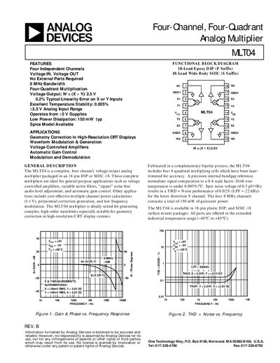 Analog Devices MLT04 Four-Channel Four-Quadrant Analog Multiplier Datasheet - cover page