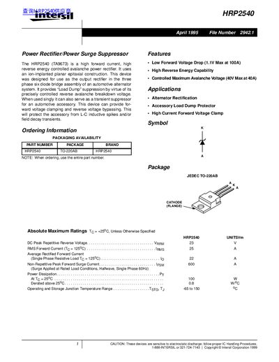 Intersil HRP2540 Power Rectifier Datasheet - cover page