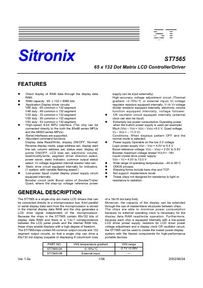 ST ST7565 LCD Controller/Driver Datasheet - cover page