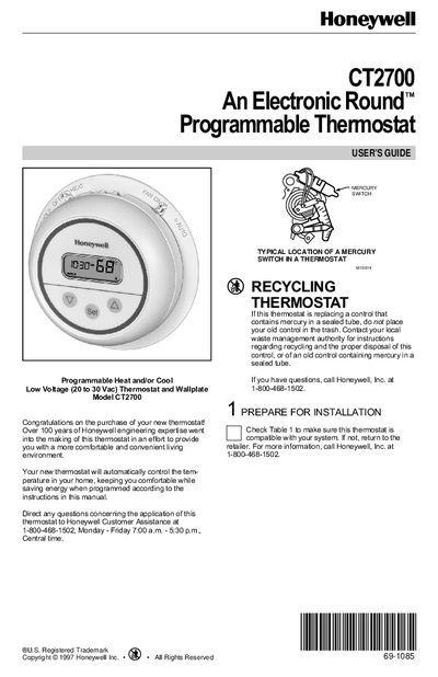 Honeywell CT2700 Electronic Round Programmable Thermostat User Guide - cover page
