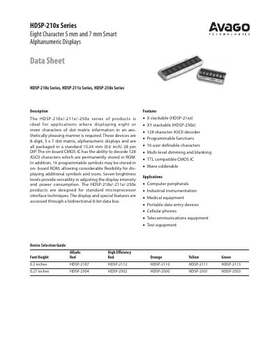 Avago HDSP-210x/211x/250x Series Datasheet - cover page