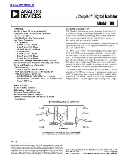 Analog Devices ADuM1100 Digital Isolator Datasheet - cover page