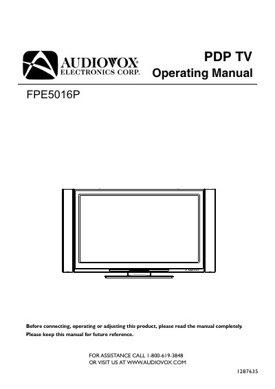 Audiovox FPE5016P PDP TV Operating Manual - cover page