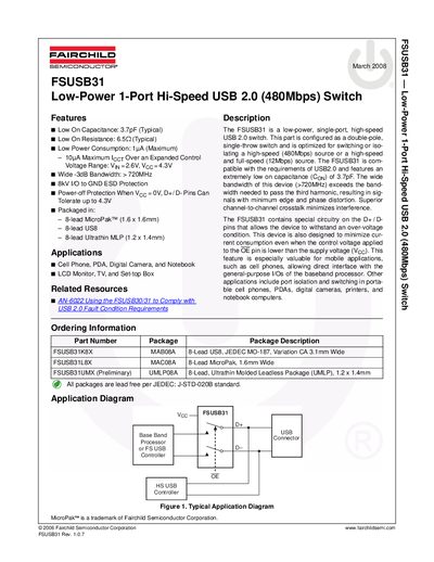 Fairchild FSUSB31 Low-Power USB 2.0 Switch Datasheet - cover page