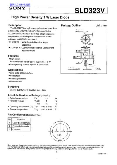 Sony SLD323V Laser Diode Datasheet - cover page
