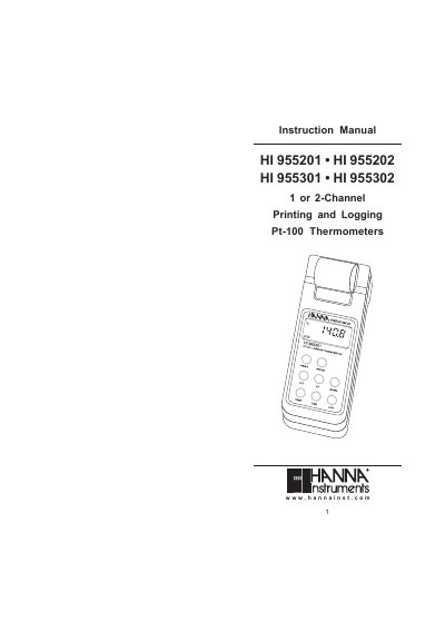 NANNA HI 955201 HI 955202 HI 955301 HI 955302 1 or 2-Channel Printing Logging Pt-100 Thermometers Instruction Manual