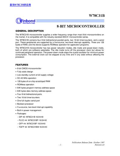 Winbond W78C31B 8-bit Microcontroller Datasheet - cover page