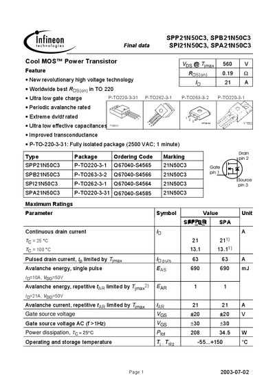 Infineon SPP21N50C3/SPB21N50C3/SPI21N50C3/SPA21N50C3 Cool MOS Power Transistor Datasheet - cover page