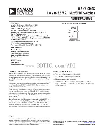 Analog Devices ADG819/ADG820 Analog Switch Datasheet - cover page