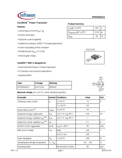 Infineon IPP90R340C3 Datasheet - cover page