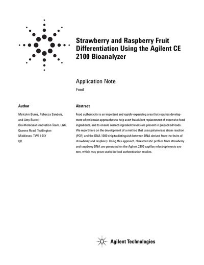Agilent CE 2100 Bioanalyzer Strawberry Raspberry Fruit Differentiation Application Note - cover page
