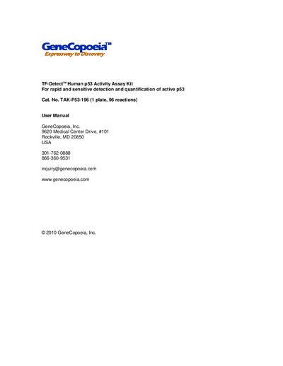 GeneCopoeia TAK-P53-196 TF-Detect Human p53 Activity Assay Kit User Manual - cover page